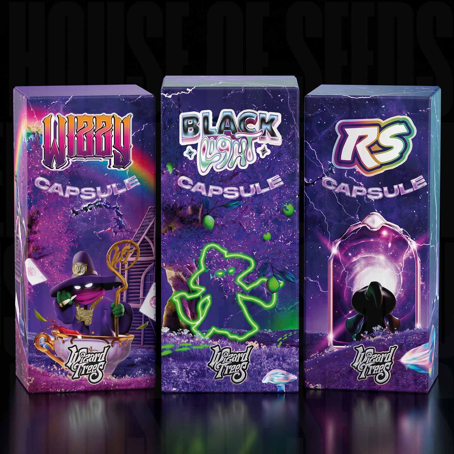 Wizard Trees Competition Case 2026 - drei Capsule-Boxen auf violettem Weltraum-Hintergrund