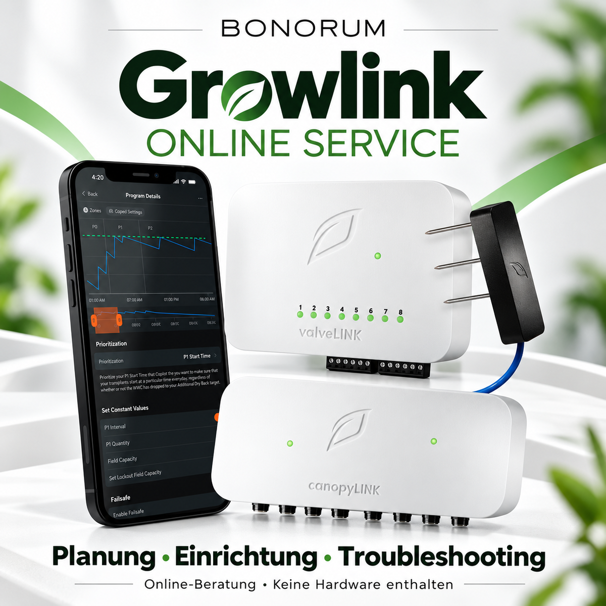Bonorum Growlink Online-Service – Collage mit valveLINK, canopyLINK und Sensor nach Originalvorlagen