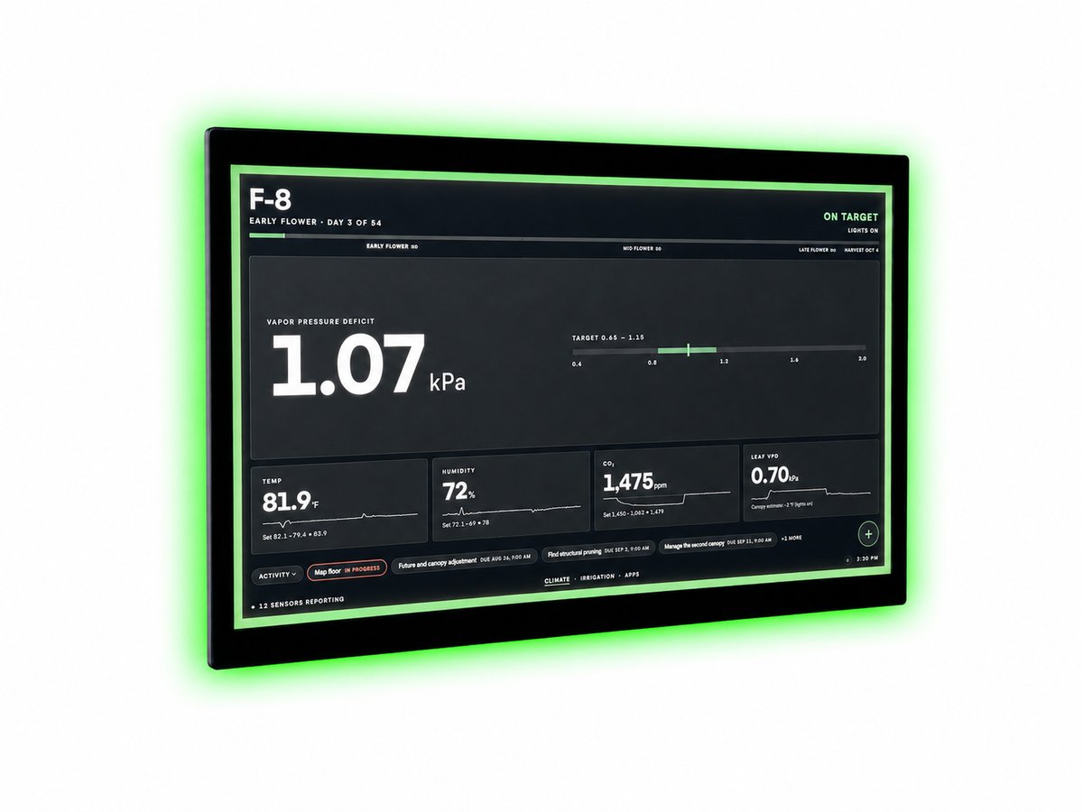 Growlink displayLINK Touchscreen mit Klima-Dashboard und grünem LED-Statusring