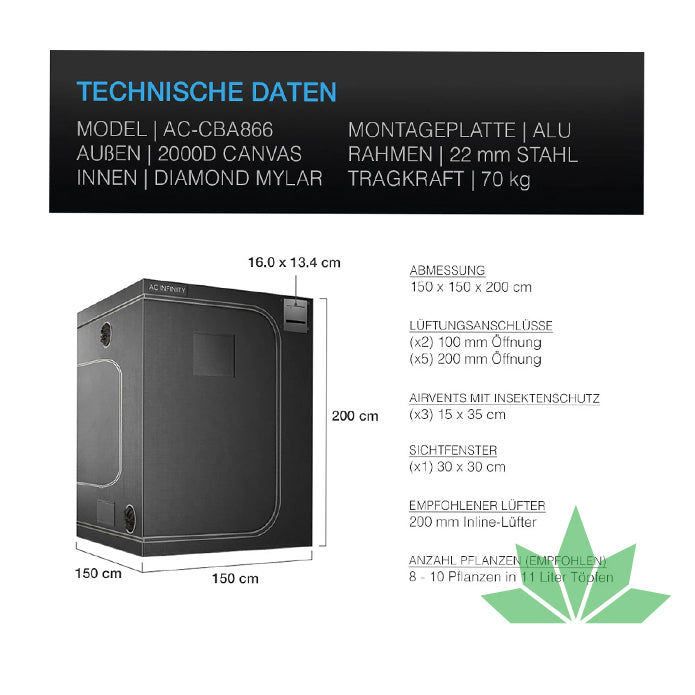 CLOUDLAB 866, Advance Grow Zelt 150 x 150 x 200 cm, 2000D Diamant Mylar Gewebe von AC Infinity – Ansicht 2
