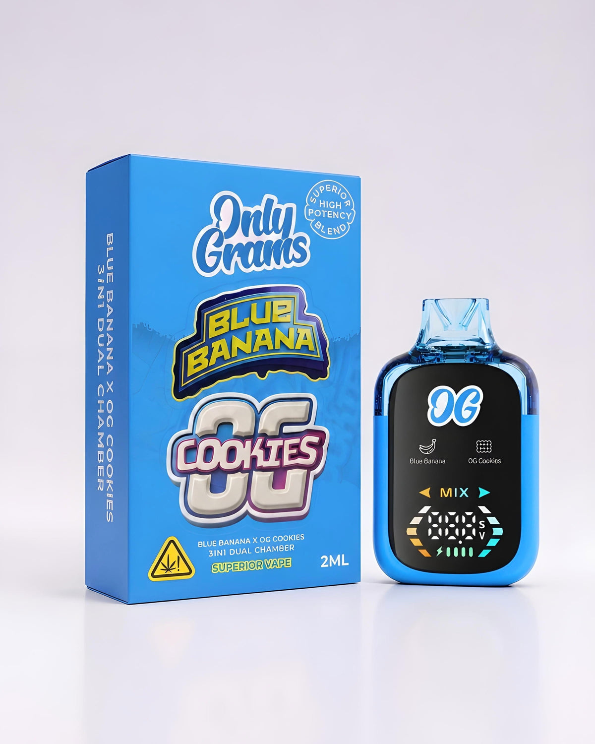 OnlyGrams Dual Chamber Superior Vape Blue Banana x OG Cookies 2ml mit Verpackung