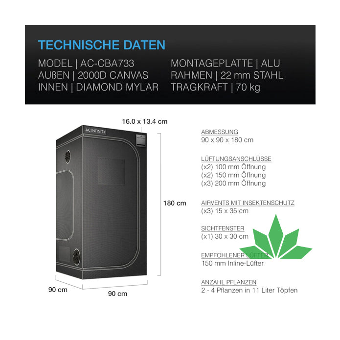 CLOUDLAB 733, Advance Grow Zelt 90x90x180 von AC Infinity – Ansicht 2