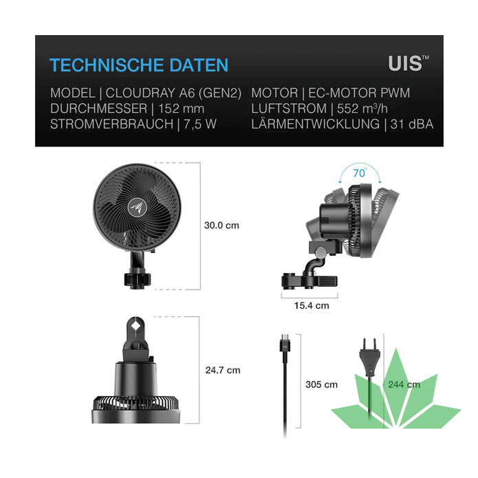 CLOUDRAY A6, GEN 2 Growzelt-Clip-Ventilator 150 mm mit langlebigem EC-Motor, 10-stufigen dynamischen Windmodi