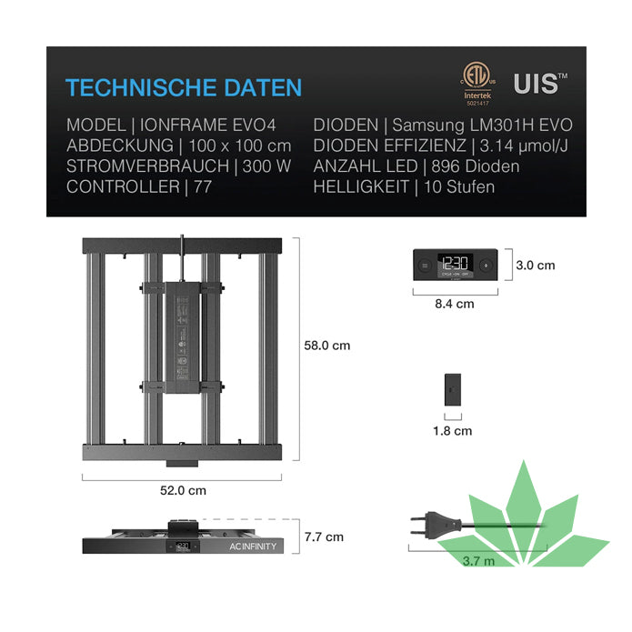 IONFRAME EVO4, Samsung LM301H EVO LED Grow Light, 300 W, 90 (100) x 90 (100) cm von AC Infinity – Ansicht 2