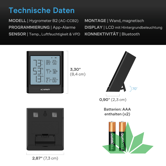 AC Infinity CLOUDCOM B2 Smart Hygrometer mit Display und internem Klimasensor – Ansicht 2
