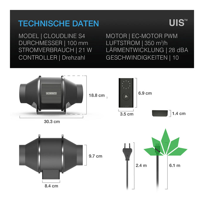 AC - CLOUDLINE PRO S4, leises Inline-Lüftersystem mit Drehzahlregler, 100 mm – Ansicht 2