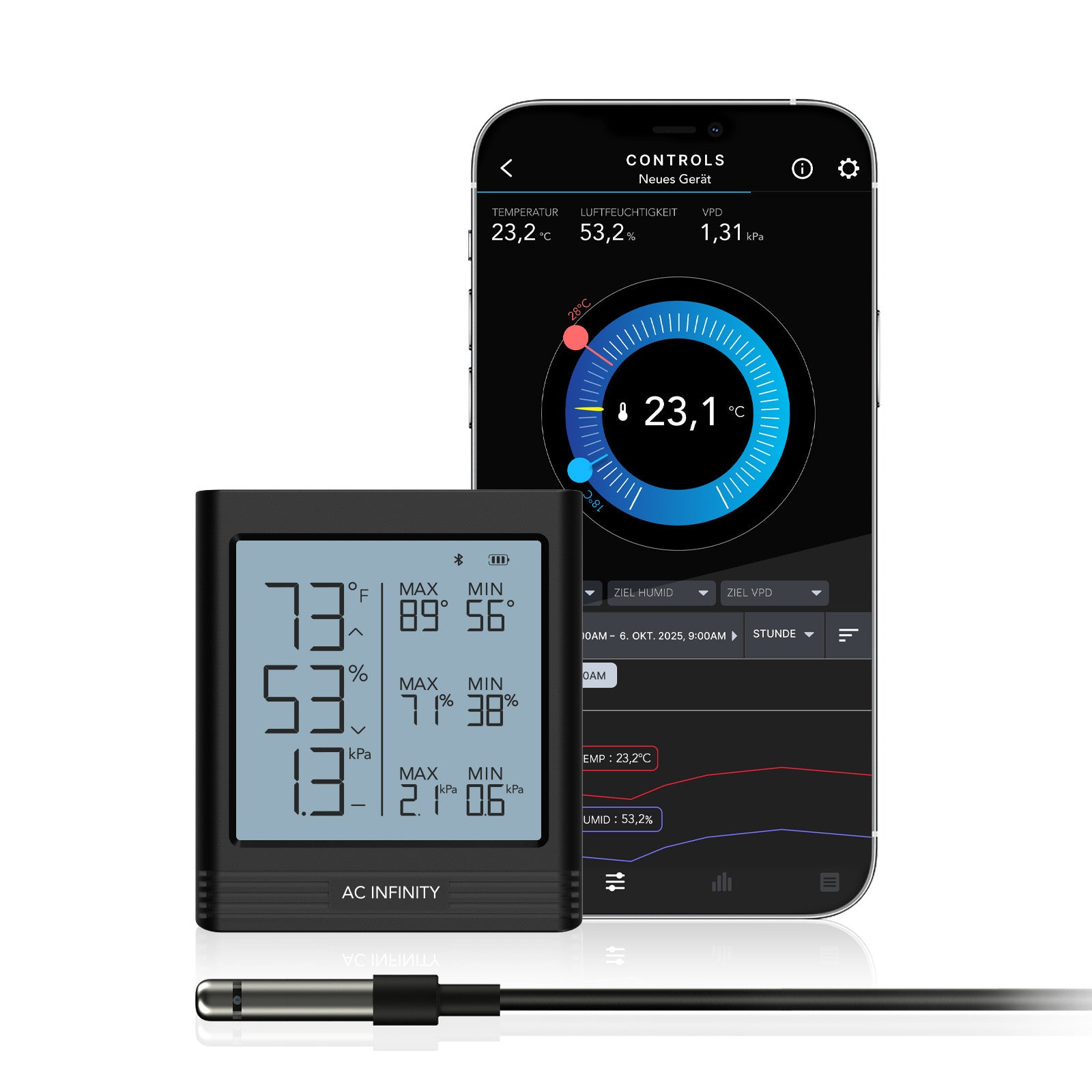 AC Infinity CLOUDCOM B1 Smart Hygrometer mit Display und 3,6 m externem Klimasensor