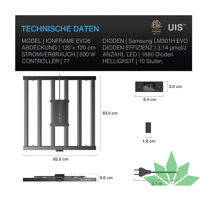 IONFRAME EVO6, Samsung LM301H EVO LED Grow Light, 500 W, 120 x 120 cm von AC Infinity – Ansicht 2