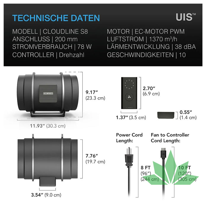 CLOUDLINE PRO S8 leiser Rohrventilator bis 1371 m³/h 200mm von AC Infinity – Ansicht 2