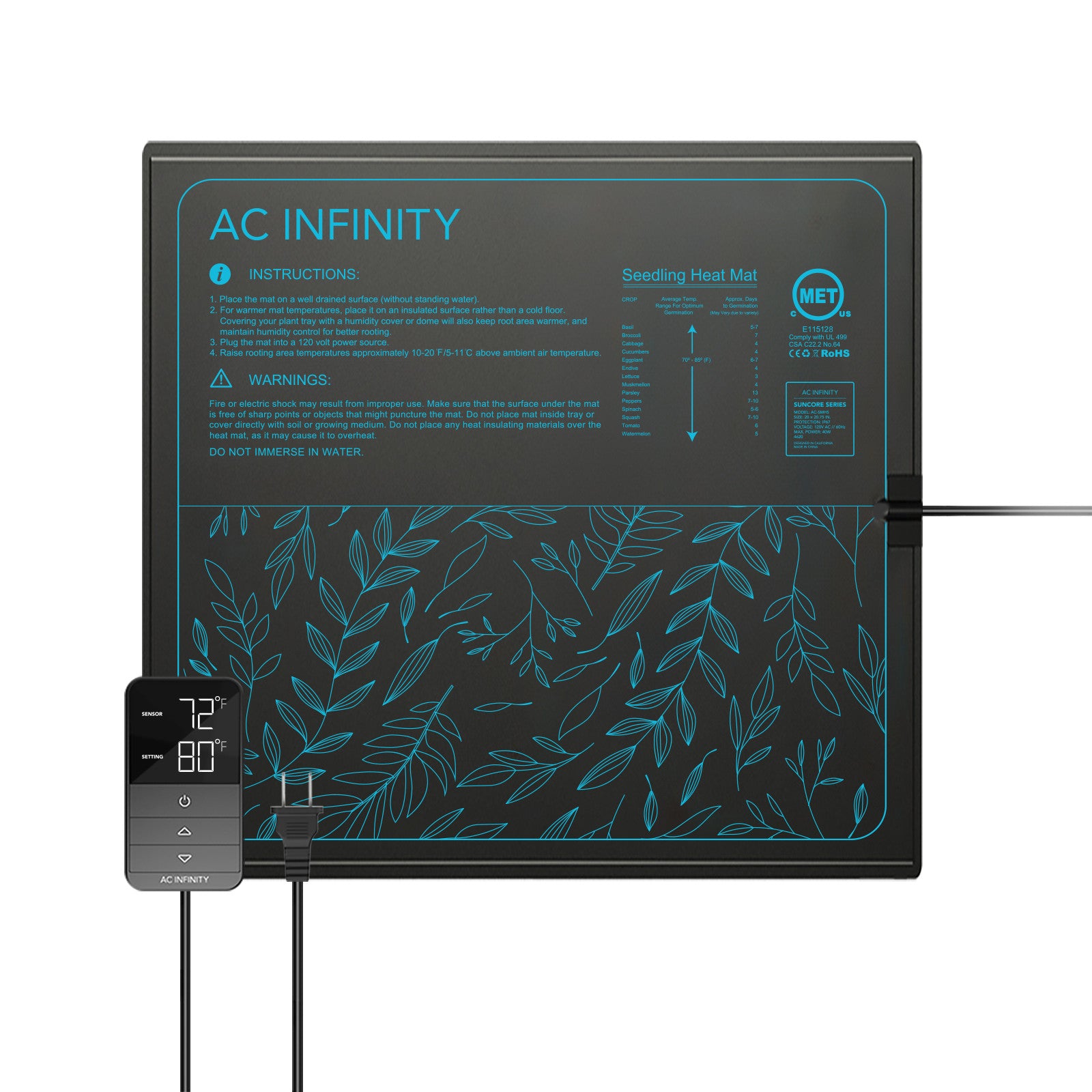 AC Infinity SUNCORE H5 Heizmatte für Sämlinge mit Digitalanzeige-Controller, 50,8 x 52,7 cm, IP-67 wasserdicht