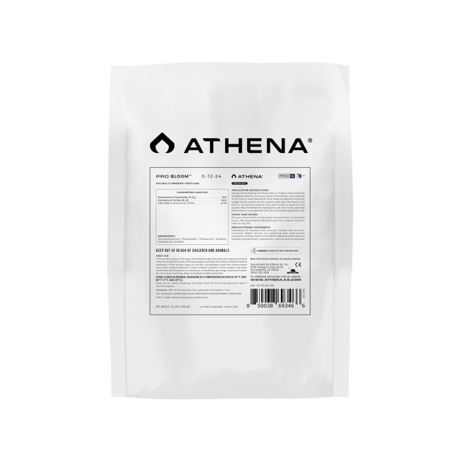 Athena Pro Bloom 11,34 kg – Rückseite mit EU-Etikett