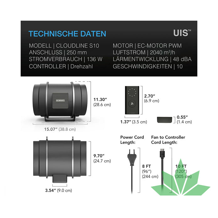 CLOUDLINE PRO S10, leises Inline-Lüftersystem mit Drehzahlregler, 250 mm von AC Infinity – Ansicht 2